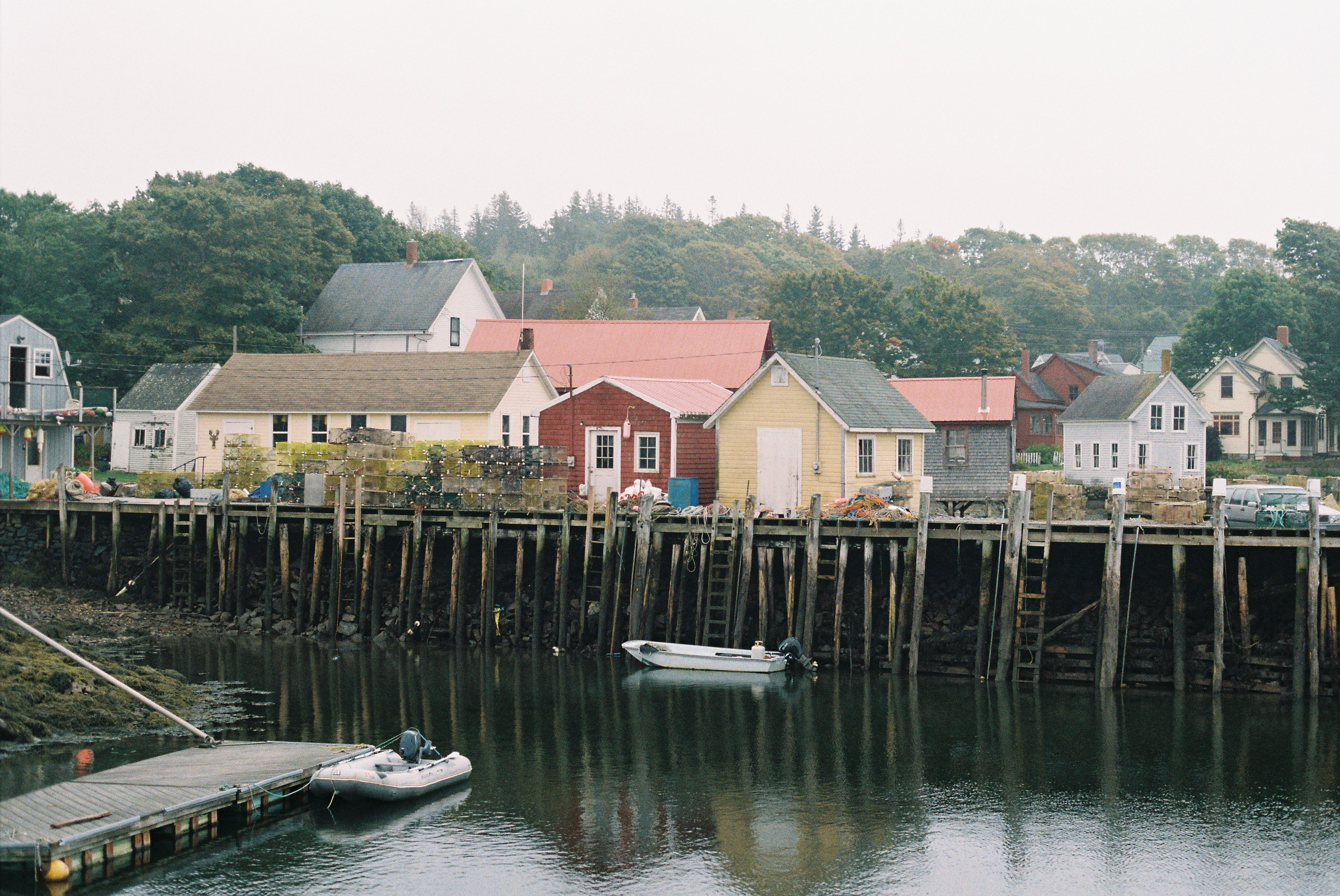 Coastal Maine and new england fishing village over the water